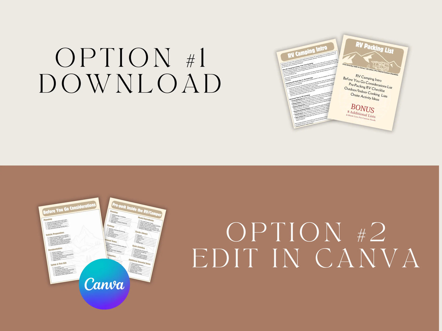 RV planning lists are ready for download and editable with a Canva account