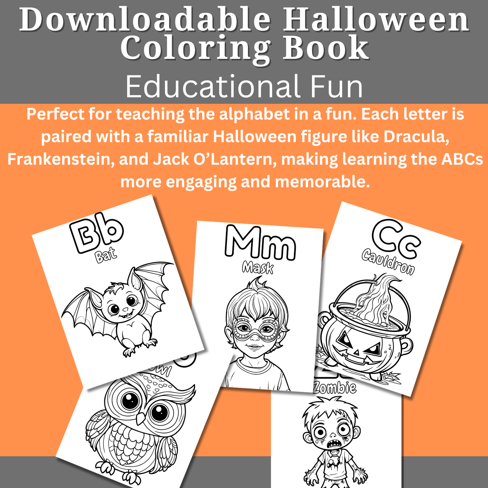 Printable Halloween ABC page featuring bats, masks, cauldron, owl,and zombie