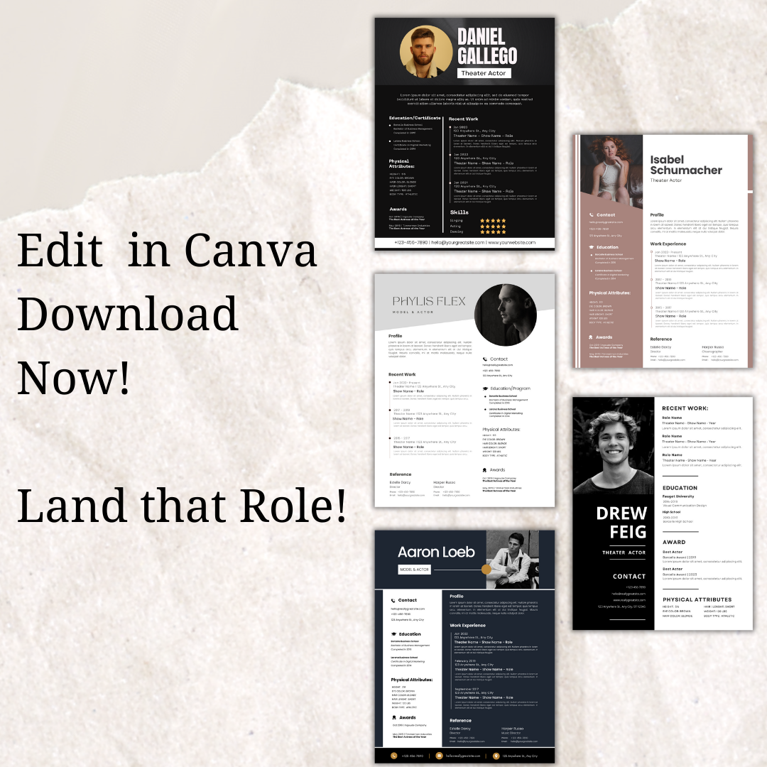 Canva editable actor resume templates for community theater professionals