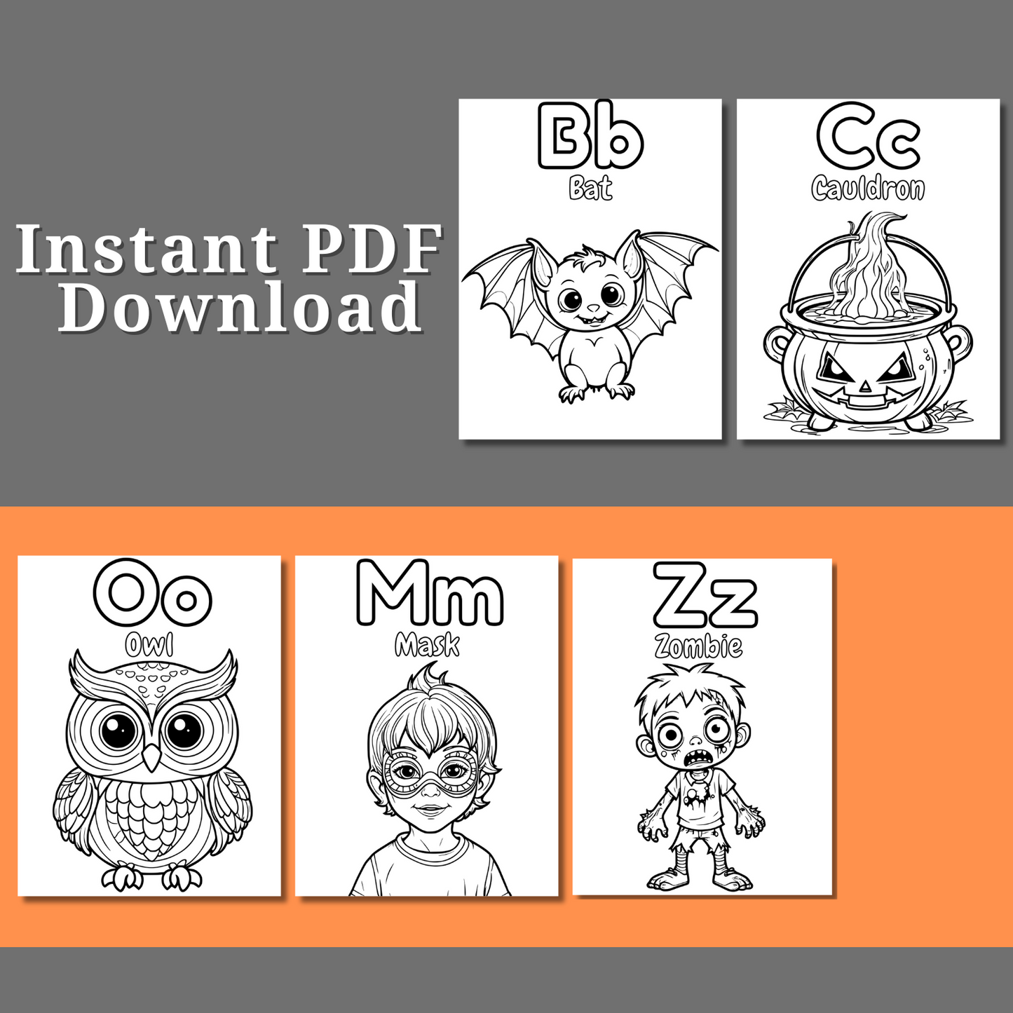 Halloween alphabet coloring sheet - fun activity for kids, instant download