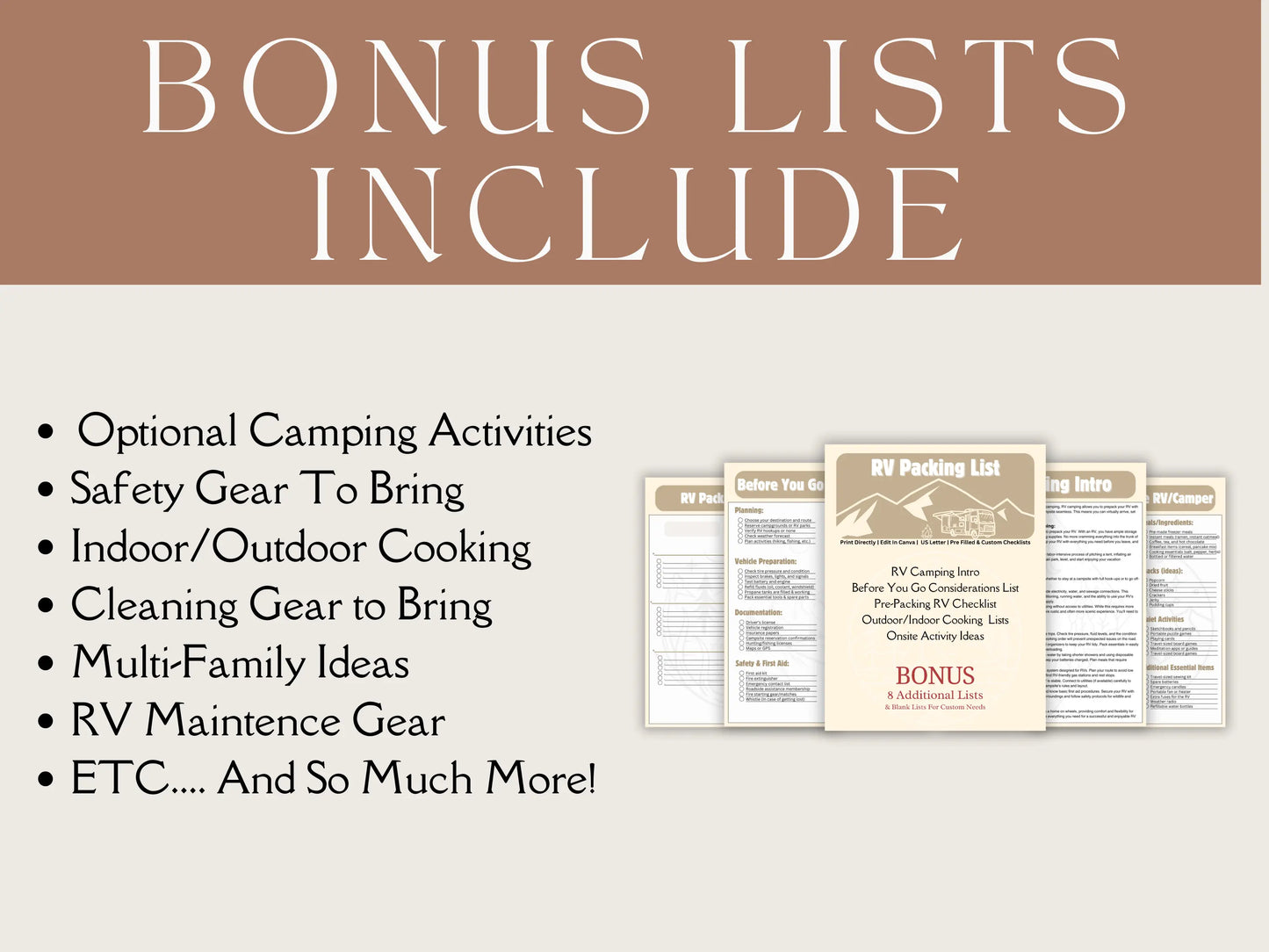 RV Checklist Bonuses Include Camping activites, safety gear to bring, Indoor/outdoor cooking, RV Maintenance Ideas and more!