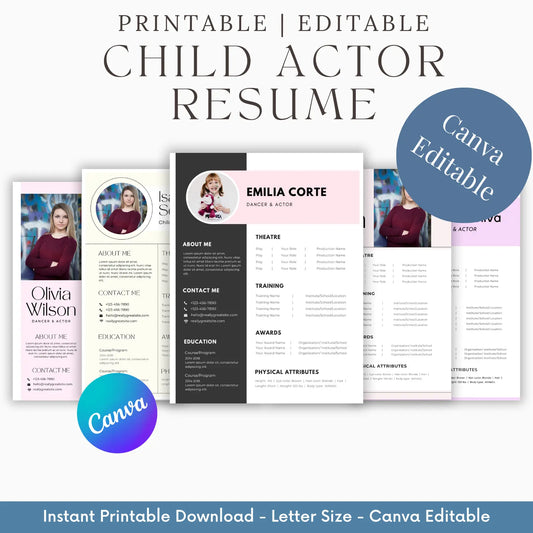 Child Actor Resume Canva Editable Templates