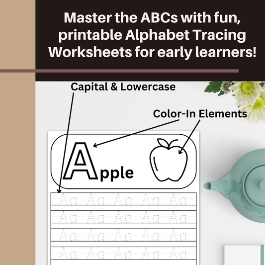 Alphabet tracing worksheets cover - printable educational activity for kids