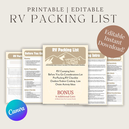 Rv Packing List, Travel Packing List, Family Vacation Planning, Instant Download