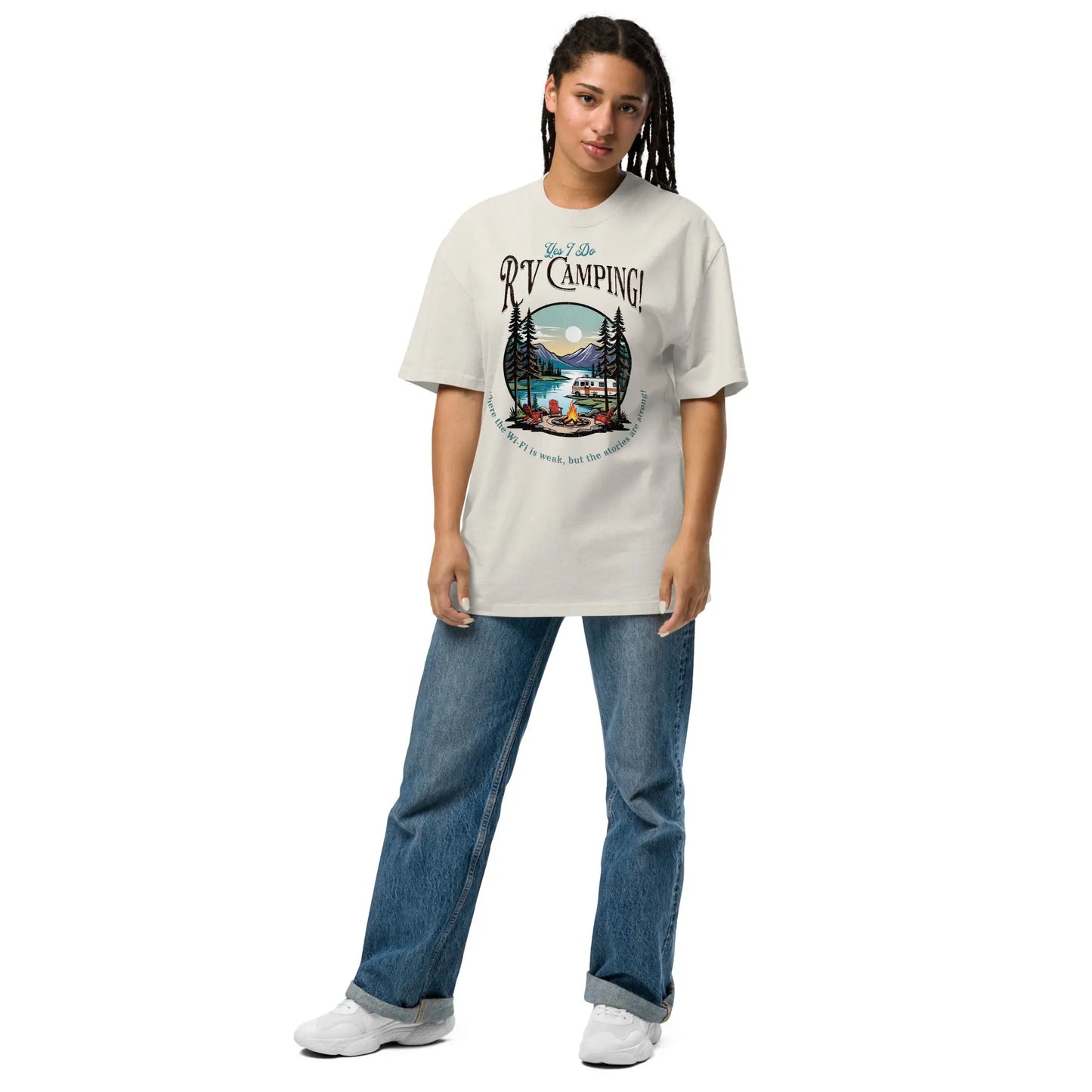 Oversized, faded bone t-shirt of RV camping tshirt