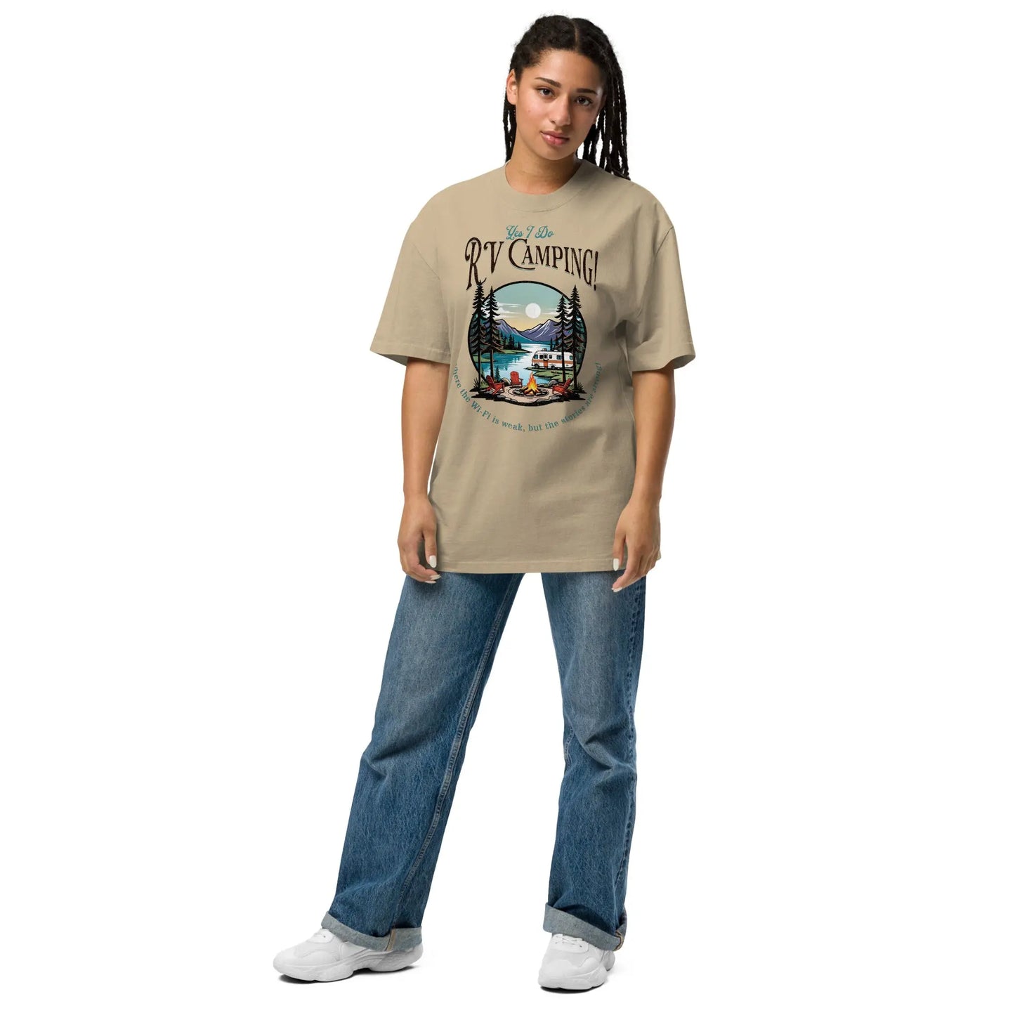 RV Camping Faded Khaki Shirt, Oversized modeled on White background