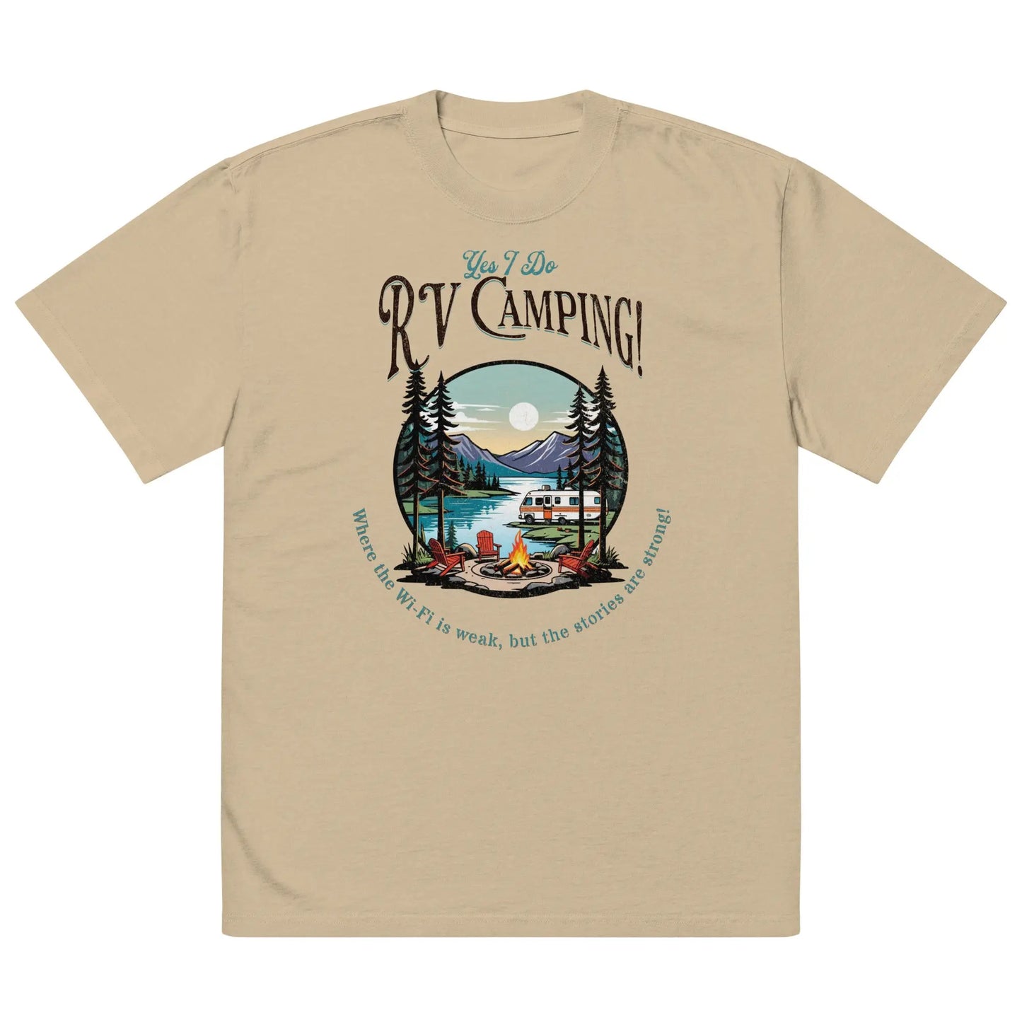 Fun RV Camping t-shirt, open layout with a Vintage lakeside design.