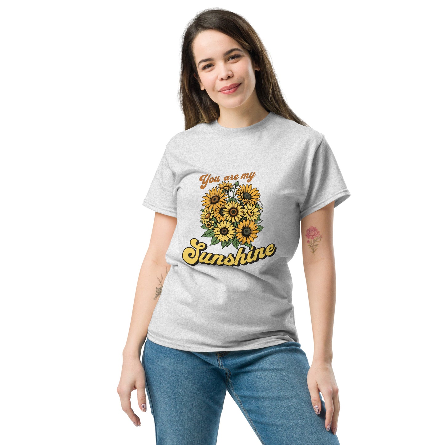 You are my sunshine sunflower Bouquet Ash color front profile t-shirt model