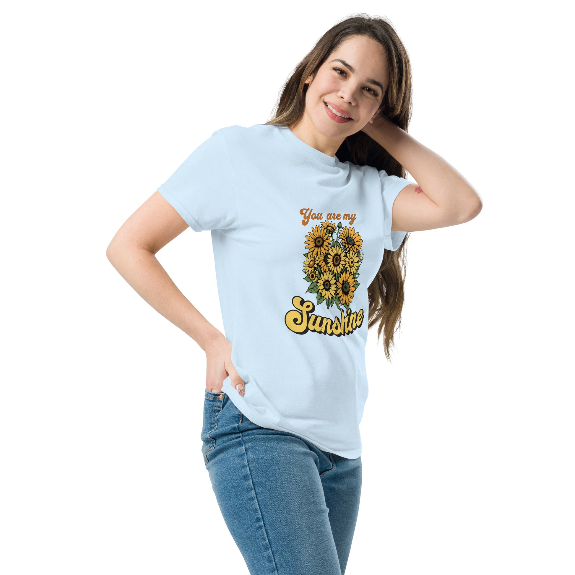 You are my sunshine sunflower Bouquet Light Blue color side profile t-shirt Brunette model