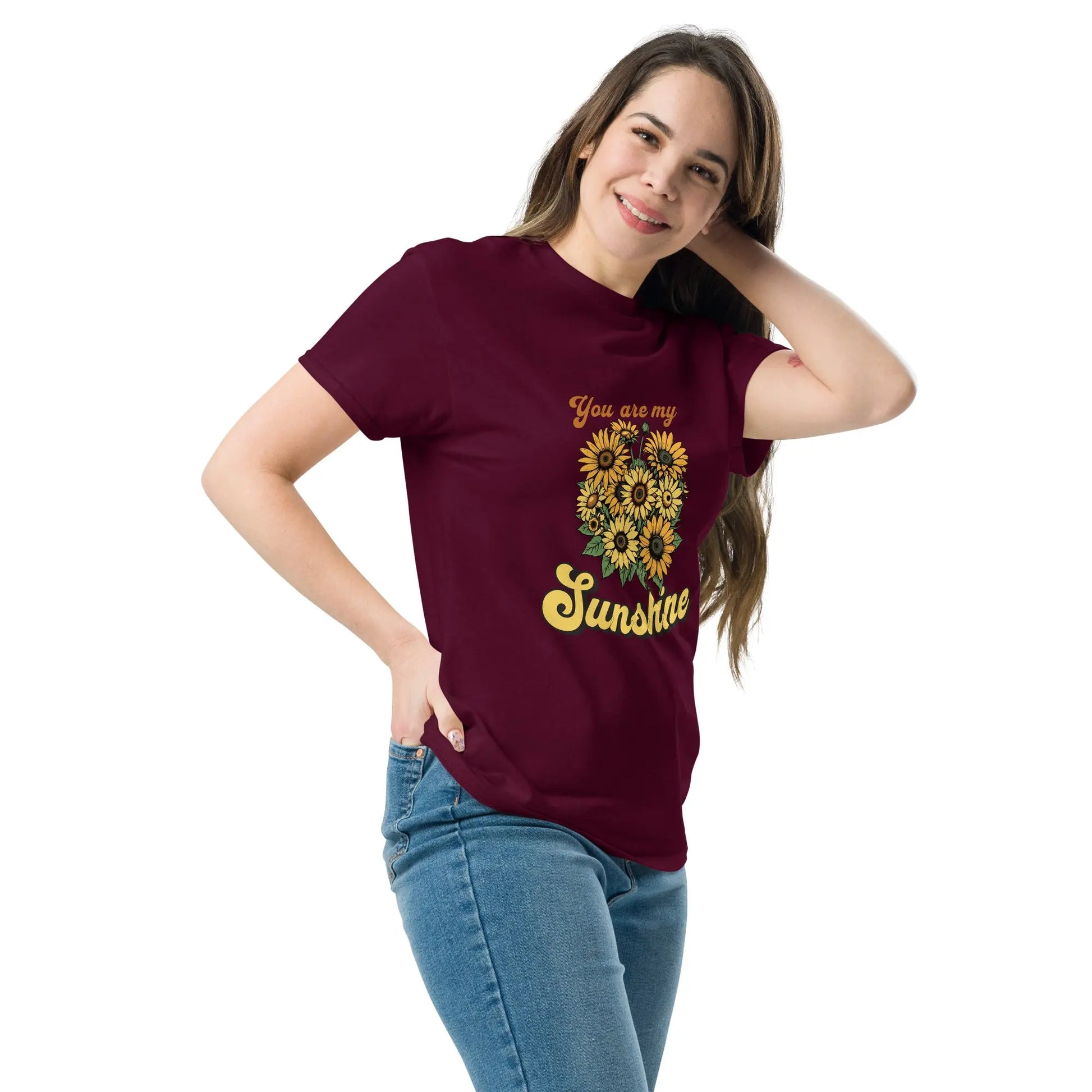 You are my sunshine sunflower bouquet maroon color t-shirt side profile