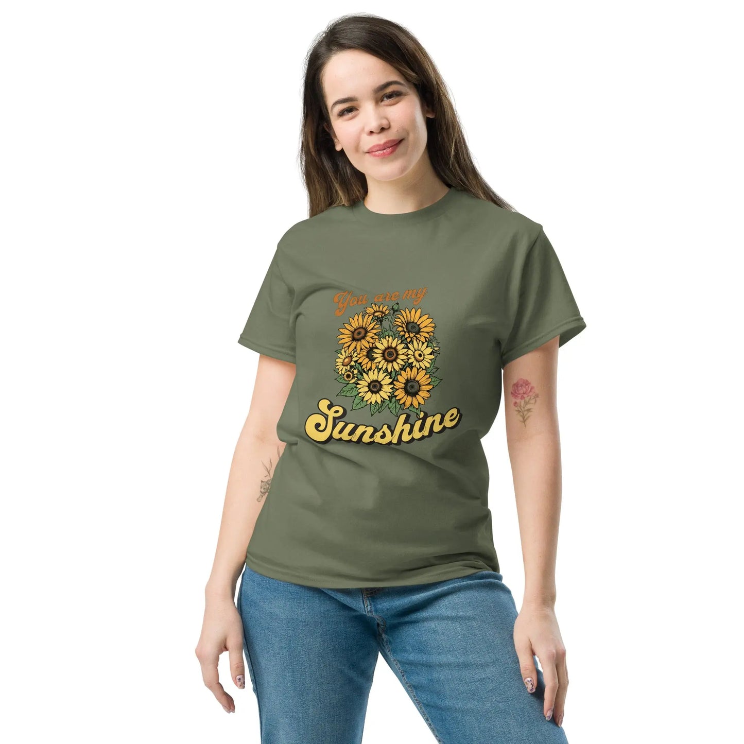 You are my sunshine sunflower military green color front profile t-shirt