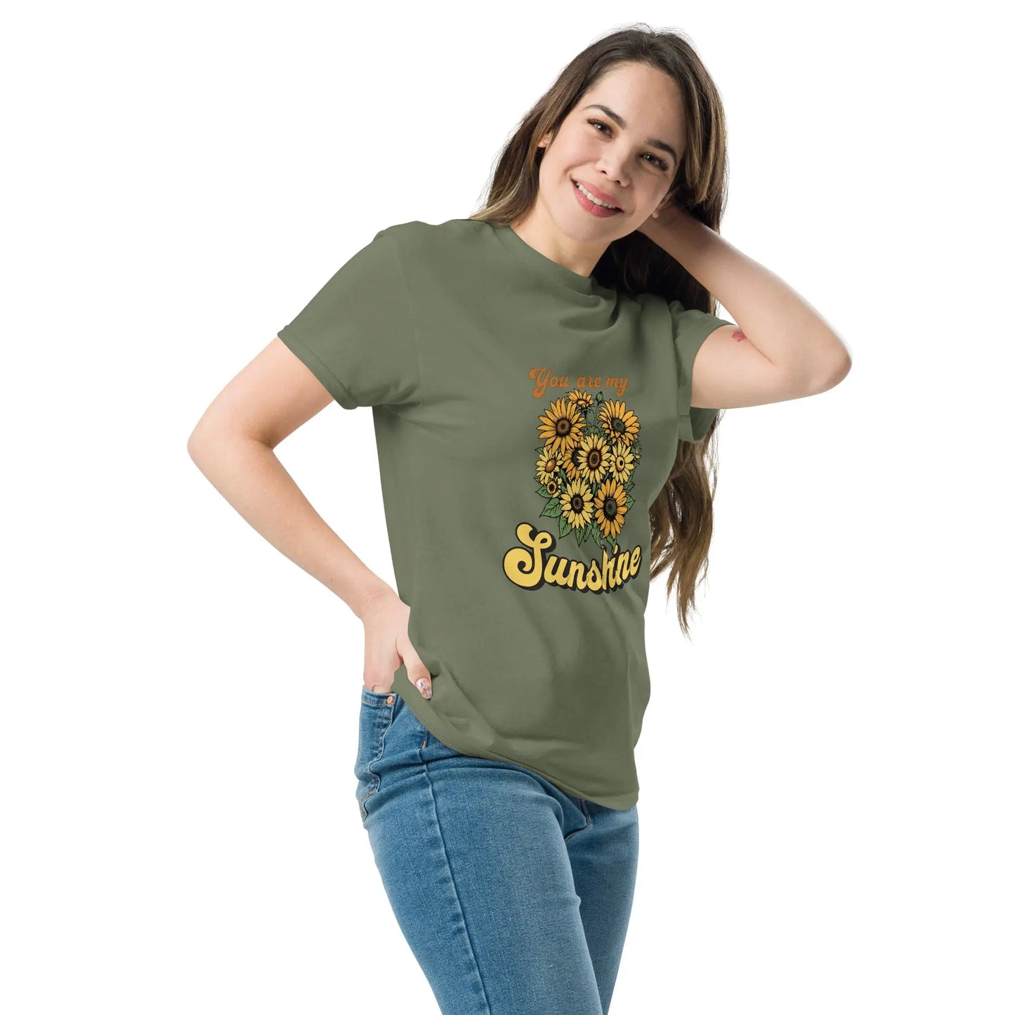 You are my sunshine sunflower military green color side profile t-shirt model