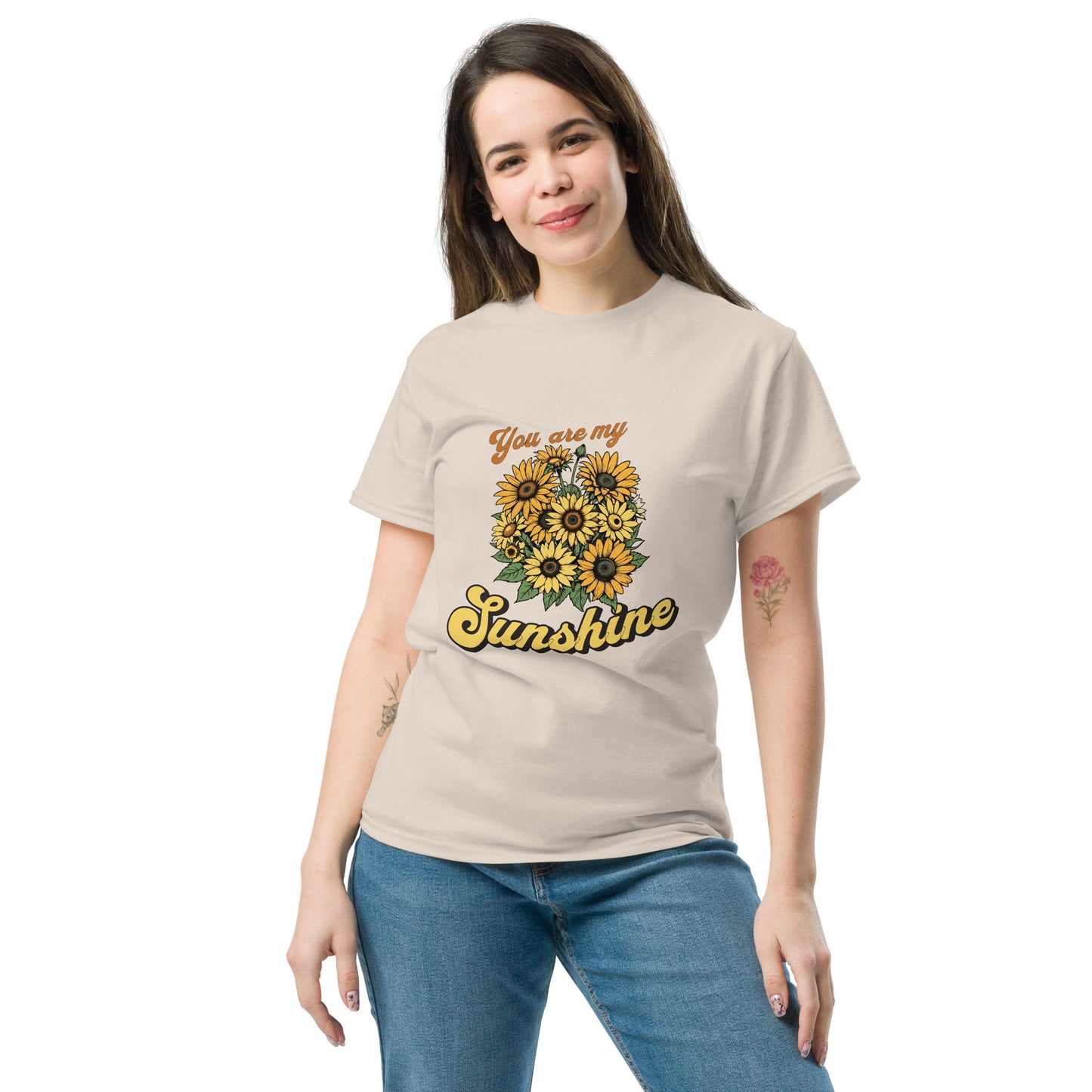 You are my sunshine sunflower Bouquet Natural color front profile tshirt Brunette model