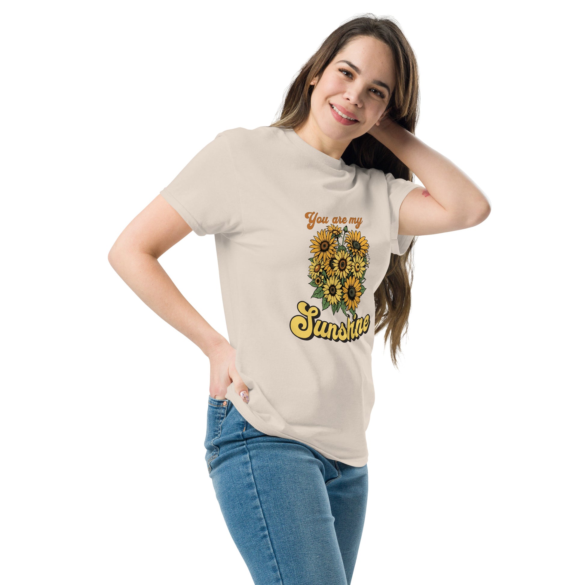 You are my sunshine sunflower Bouquet Natural color side profile tee Brunette model