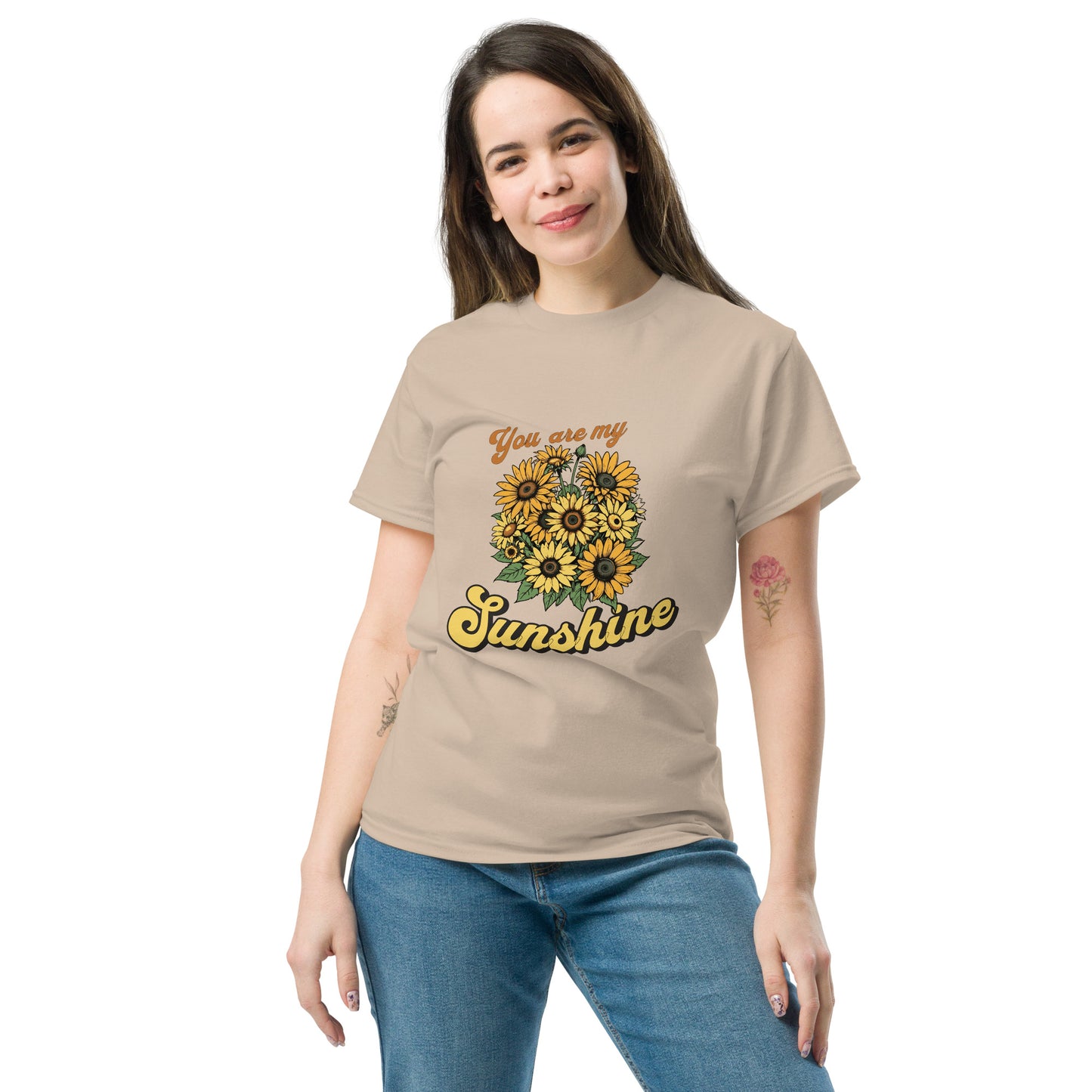 You are my sunshine sunflower sport sand color front model profile t-shirt