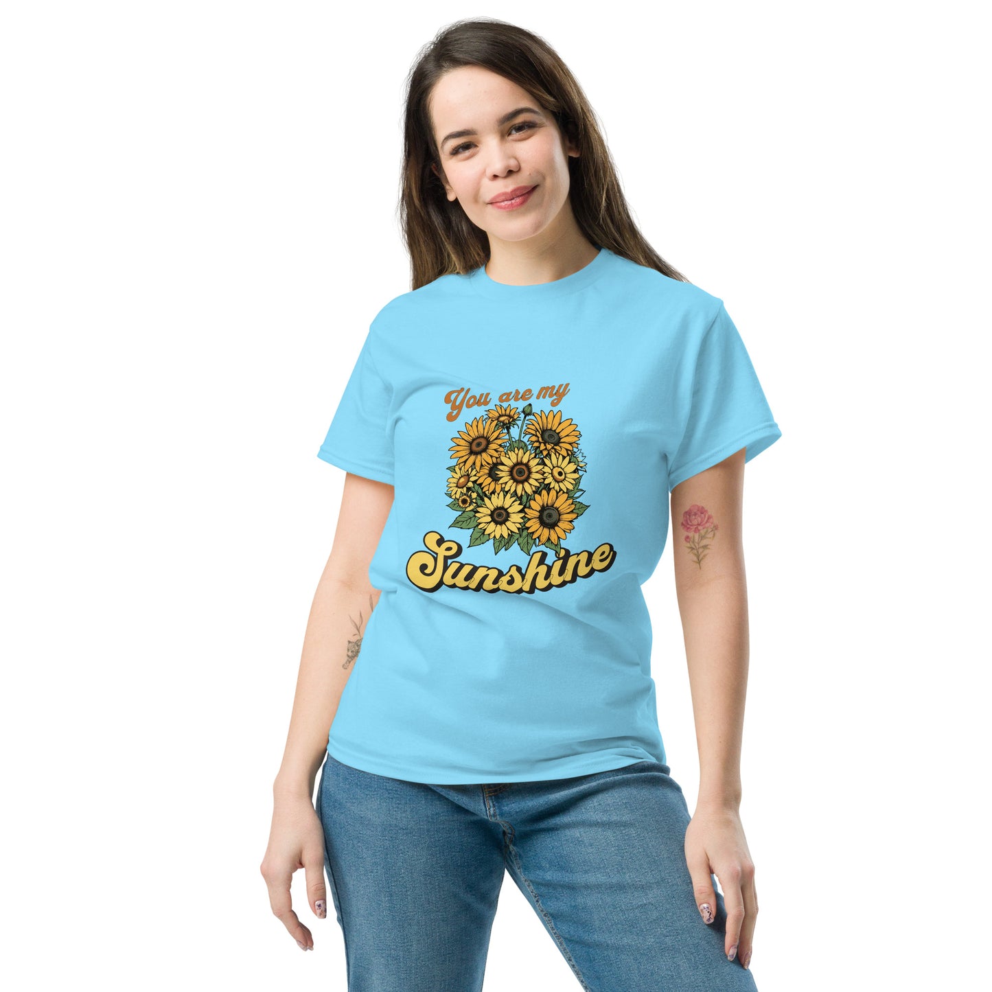 You are my sunshine sunflower Sky Blue color front profile t-shirt model